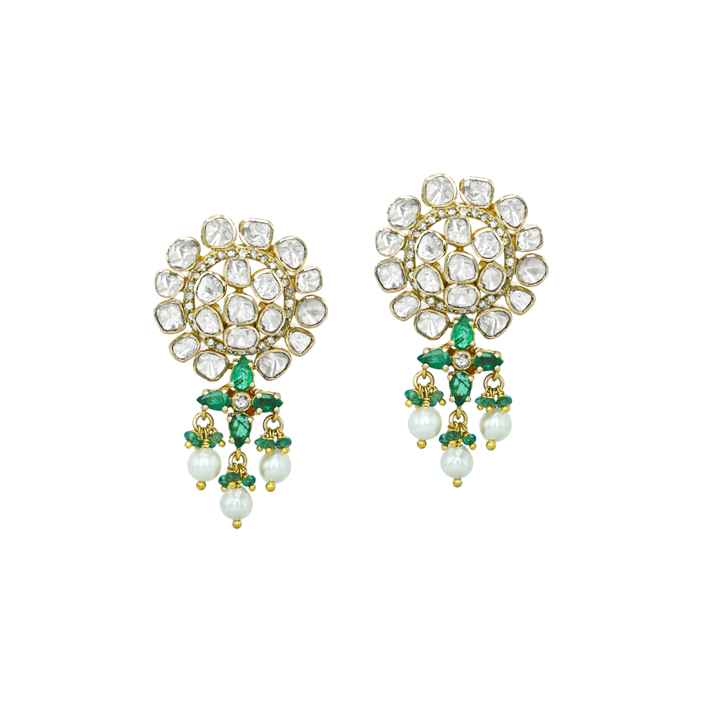 Floral Open Polki Earrings with Emerald and Pearl Drops